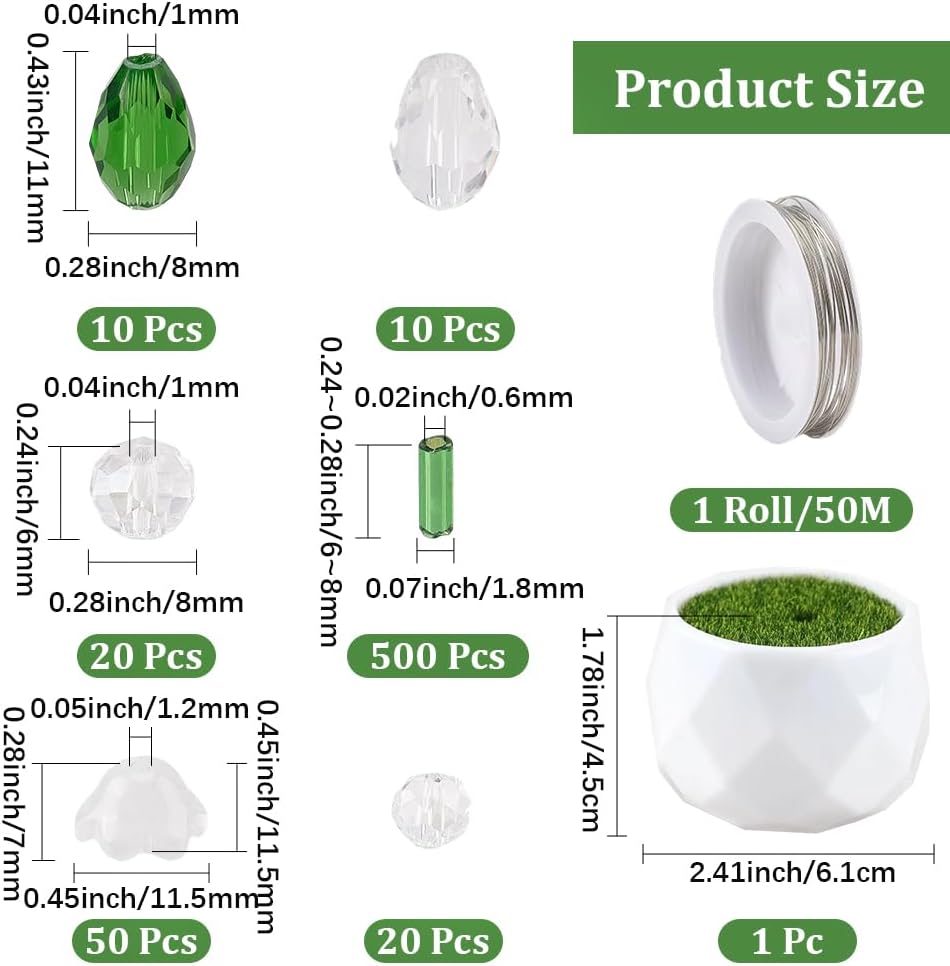 610Pcs Beaded Plant Kit Green Glass Bead Forever Plant Making Kit with Jewelry Wire Plastic Planters Pot Crystal Faceted Leaf Beads for Jewelry Making Bracelet Earrings Necklace DIY Crafts