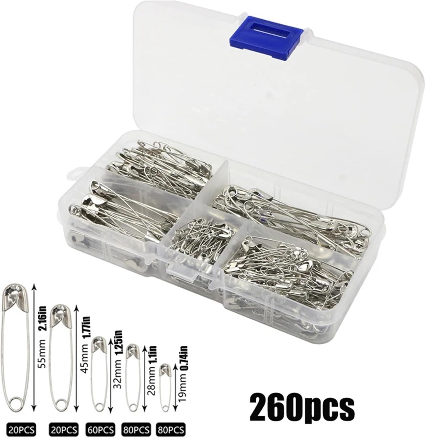 Safety Pins 5Box 260Pcs/BOX Different Sizes to Meet a Variety of Needs, Silver Safety pin, Sharp Clothes, Sewing kit