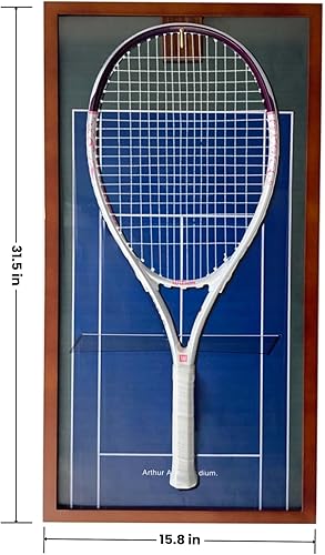 Miniatura 2 de Marco de exhibición de raqueta de tenis de madera prémium con base de nogal y ganchos de cobre. Muestra tu raqueta con estilo con cuatro fondos de