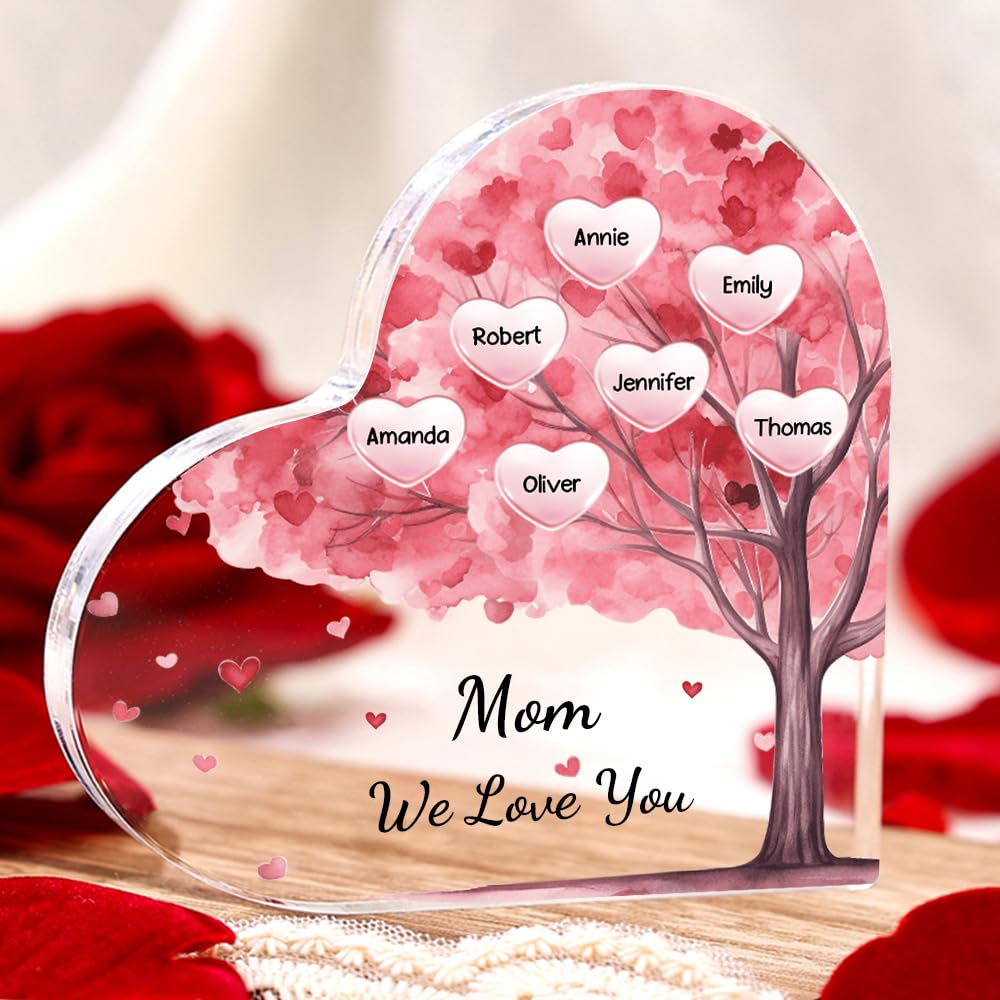 Mothers Day Gifts for Mom Custom Family Tree Acrylic Plaque Personalized 2-10 Family Names Tag Home Family Decorative Signs Birthday Gift for Mom Grandma 3.9" and 5.9" (7 Names, Pink(3.9"/5.9"))