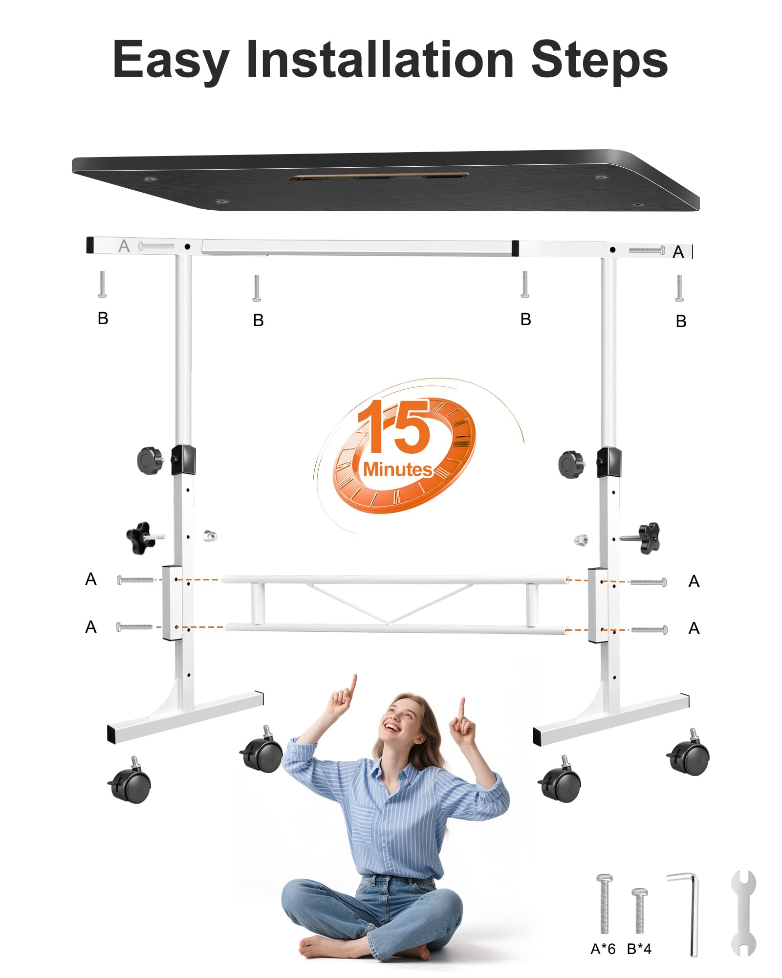 RayLove Bureau réglable en Hauteur avec roulettes, Bureau d'ordinateur Mobile avec 4 roulettes verrouillables, Bureau Assis-Debout Noir et Blanc, Compatible avec Tapis de Course et Tapis de Marche