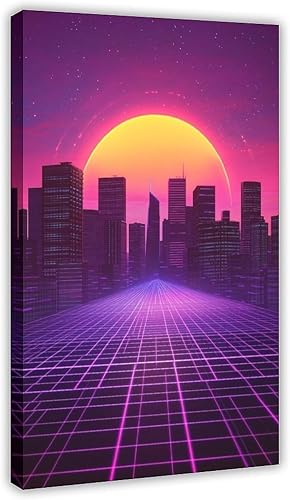 ZMLIS Retro Futurism Wall Art  Minimalist Neon Cityscape Poster, Sci-Fi Synthwave Decor for Gamers & Teens Canvas Poster Bedroom Decor Sports