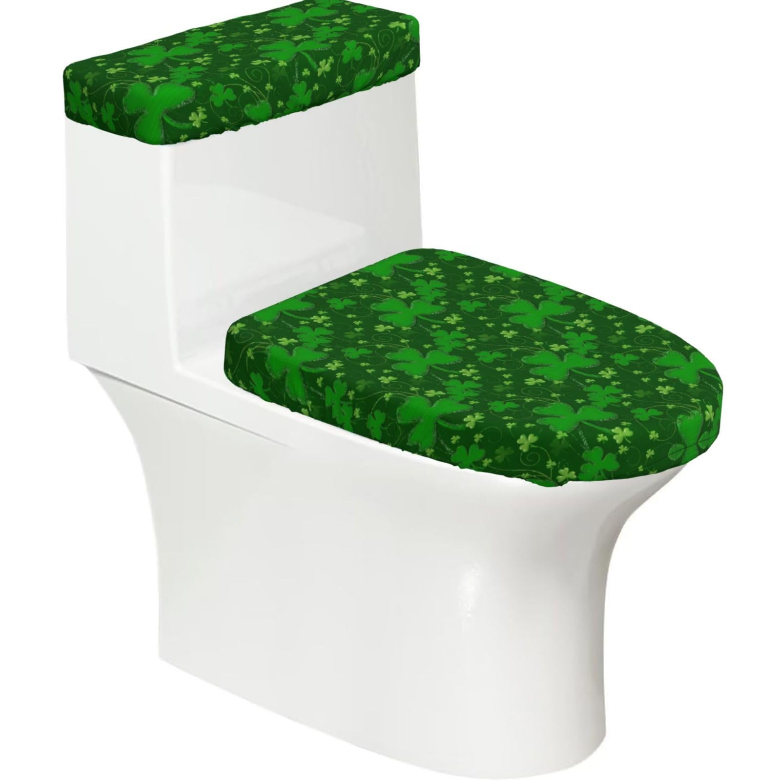 Wzycwb Black Background St Patrick's Day Glitter 2-Piece Toilet Seat Cover Set With Tank Lid, Elastic Fit For U-Shape & Elongated Toilets, Bathroom Decor, Housewarming Gift