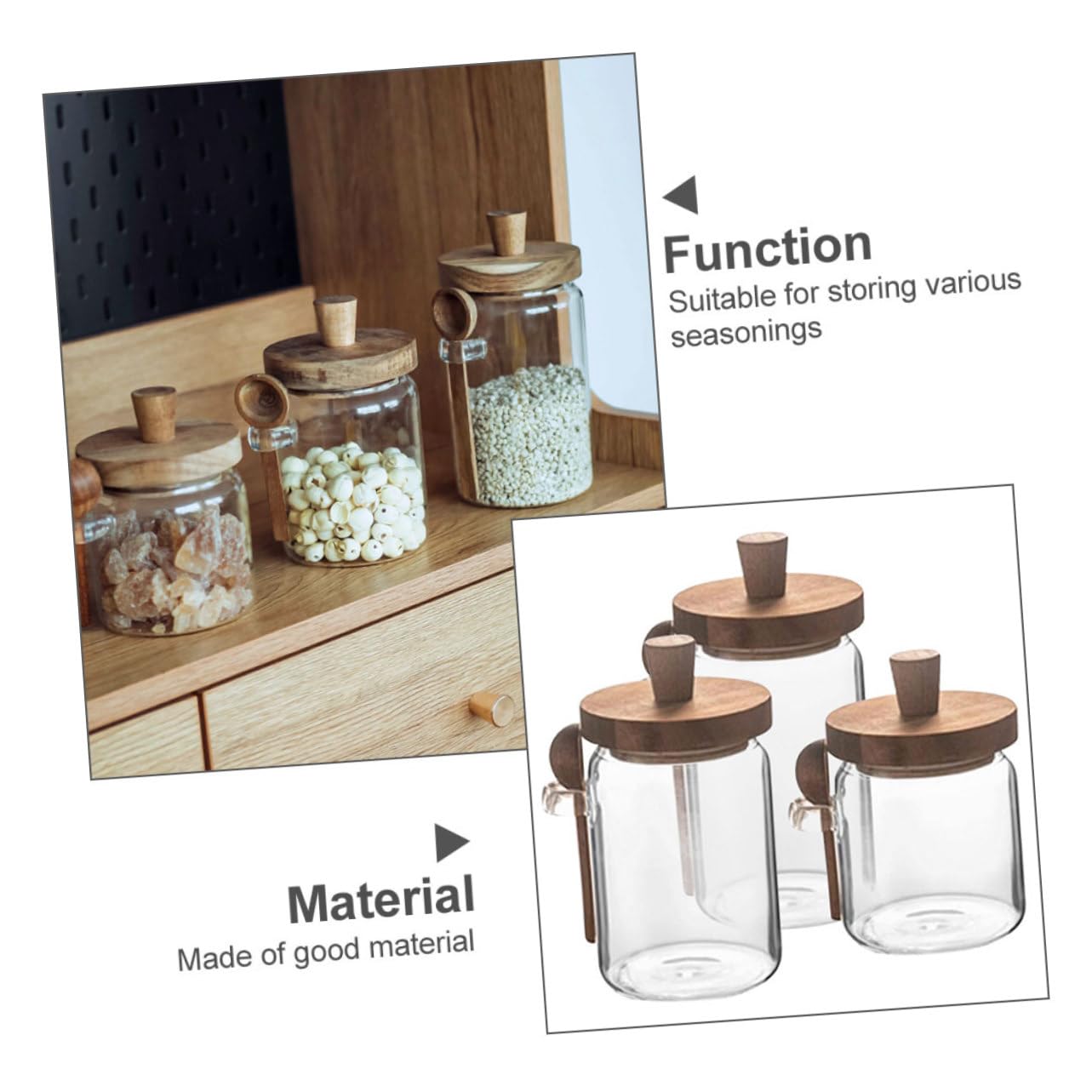 Hohopeti Salzbehälter mit Holzdeckel und Löffel 3 Stück Luftdichte Gewürzbehälter aus Glas 850ml/550ml/400ml Praktisches Design für Küche für Familiengebrauch