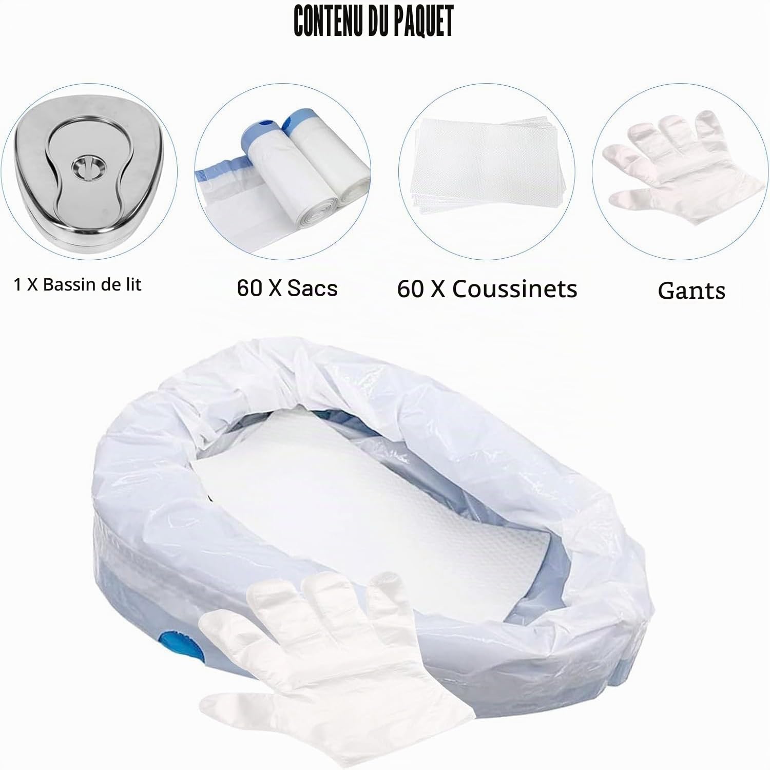 Bassin hygiénique en acier inoxydable, avec 60 Protège-bassins hygiéniques jetables et Protections absorbantes, Bassin de Lit avec couvercle