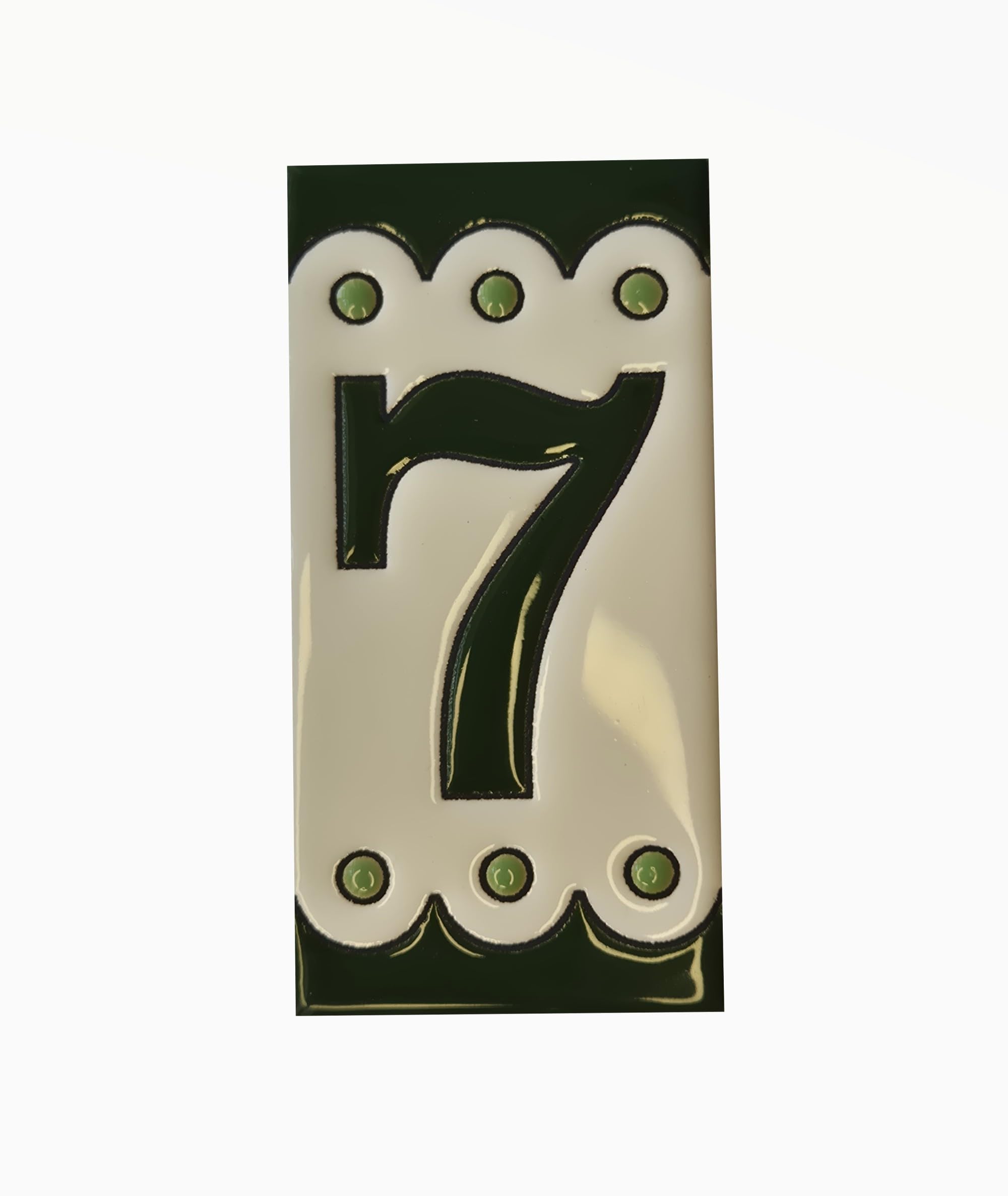 Green M-7 Spanish Hand-painted Ceramic Number Tiles 11 x 5.5 cm or 2.16 x 4.33" (Number 7 tile)
