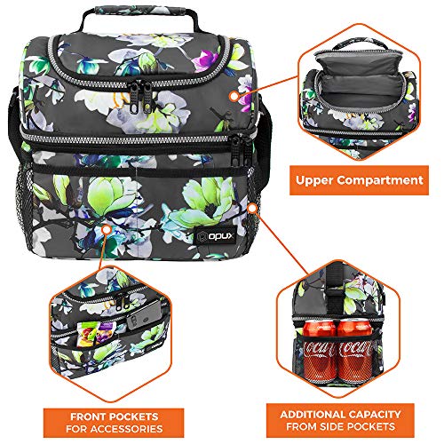 Opux Lunch Box For Women, Insulated Large Lunch Bag Adult Work, Double Decker Lunchbox Meal Prep, Dual Compartment Leakproof Lunch Cooler, Lunch Pail Tote For Girls Kids School, Floral Gray 16 Cans #TOP4