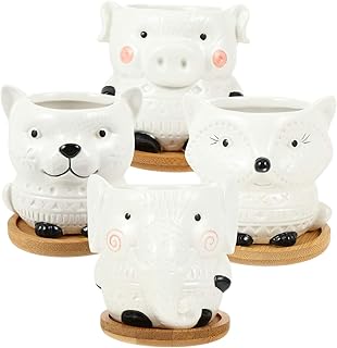 Cabilock Vasos de vaso de cerâmica para suculentas, vasos de flores, suporte de bonsai com pires, recipiente de flor de animal, vaso de flores, estátua de arte de mesa para jardim de casa, 4 peças