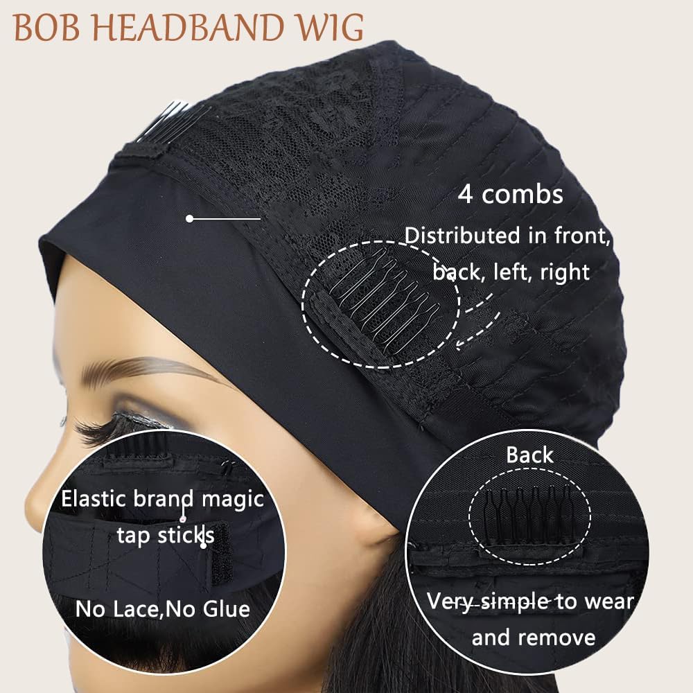Headband Wig Human Hair Bob Short Straight Human Hair Headband Wig Wear And Go Glueless Wigs 180% Density None Lace Natural Color Bob Short Human Hair Wigs for Black Women
