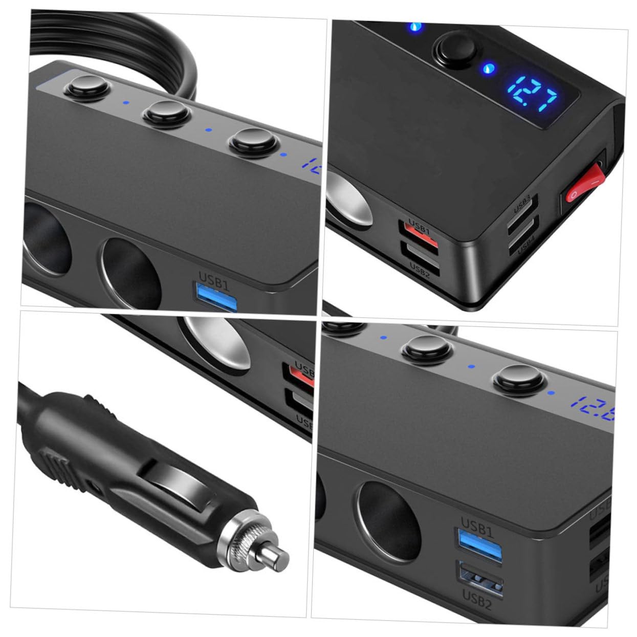 Angoily Caricabatterie Auto e Adattatore Accendisigari 180w Max, 4 Porte Usb, Monitoraggio Tensione Batteria, Nero, per Auto e Telefoni