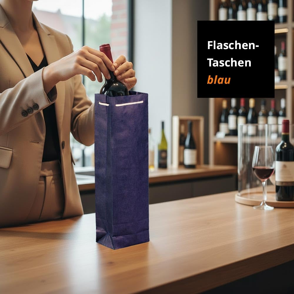 100 x Flaschentaschen blau 9,5+6,5x38 cm | Flaschentüten | Geschenktüte Flasche Wein | Weintaschen | HUTNER