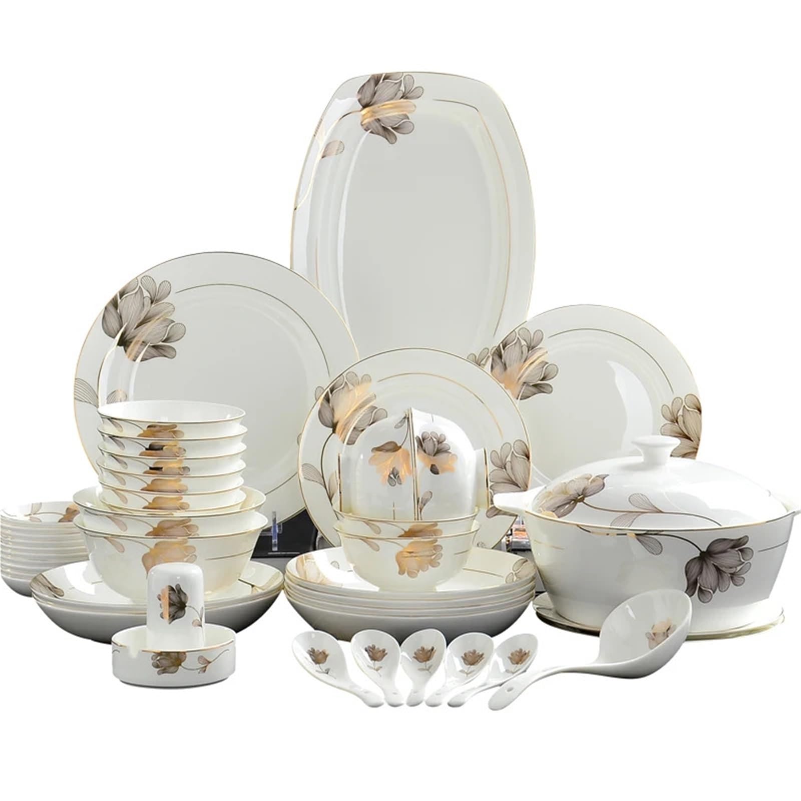 vajilla completa Juego de vajilla porcelana hoja oro 46 piezas | Vajilla con platos de diseño dorado, perfecta for Navidad y cocina.