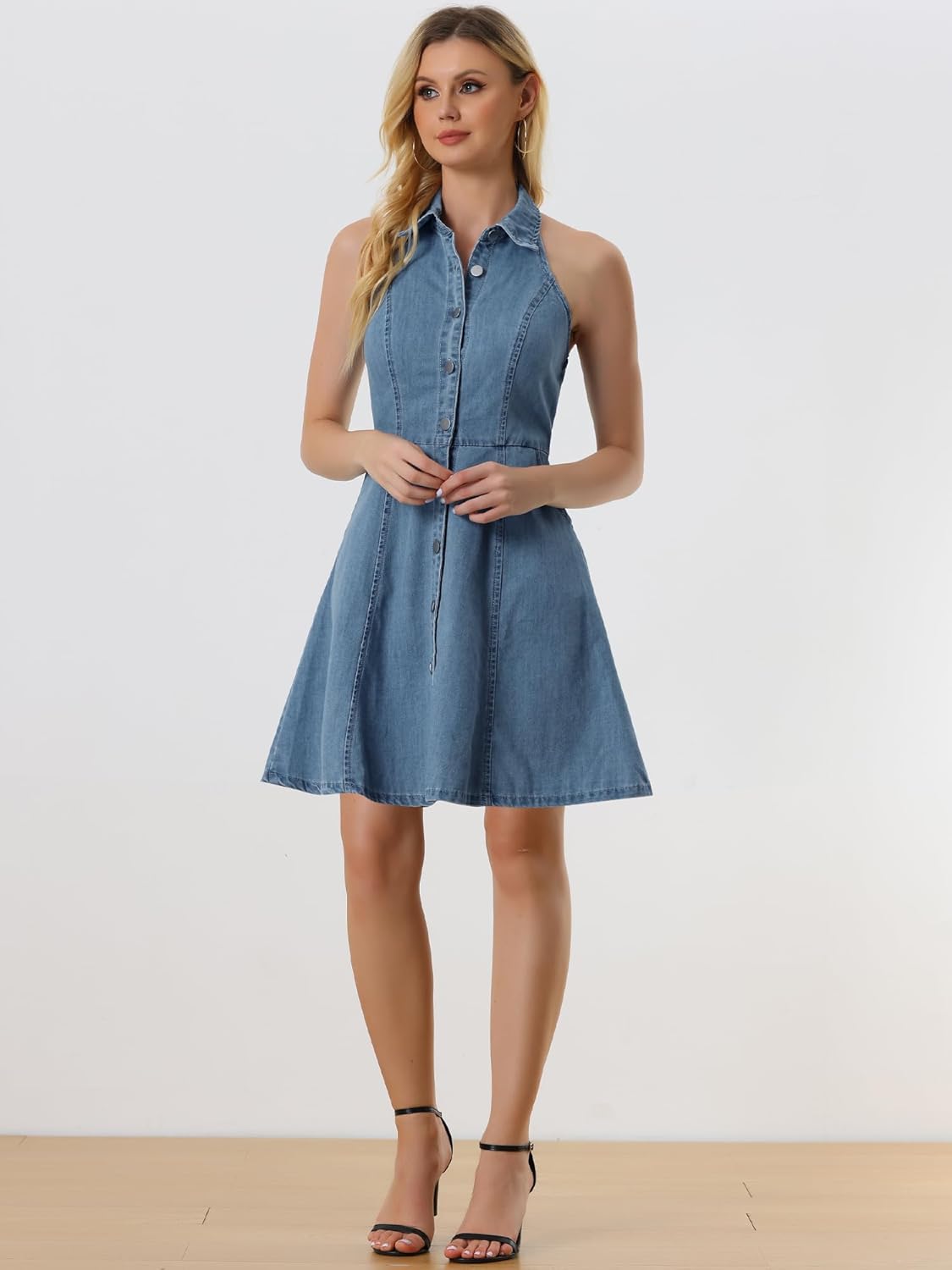 Allegra K Lightweight Denim Dresses for Women's Button Down Sleeveless Halter Neck Jean Dress - Image 4