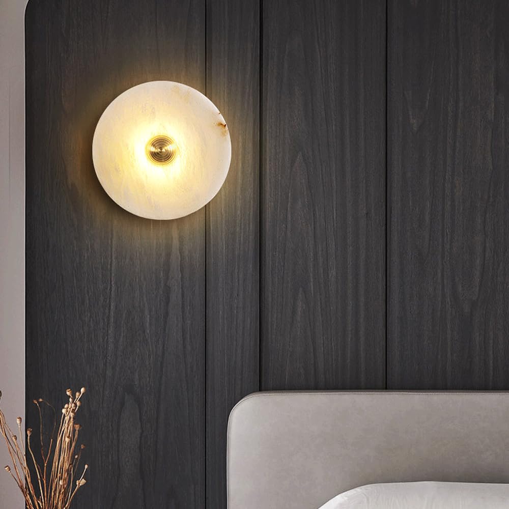 Alabaster Wall Sconce- White Marble Stone Wall Sconce Round Natural Spanish Marble Sconces Wall Lighting Modern Gold Alabaster Vanity Lights For Living Room Bedroom Stairs Hallway 3000K LED Wall Lamp