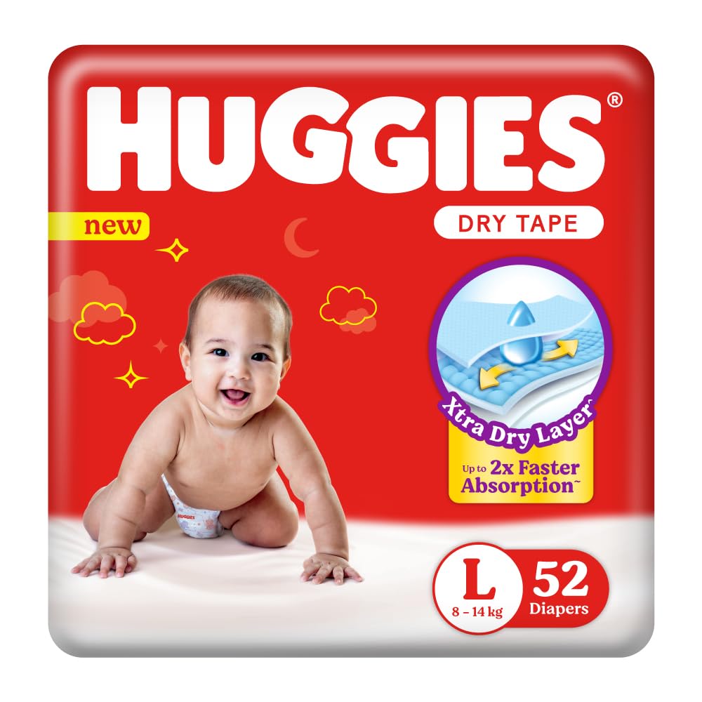 Huggies Complete Comfort Dry Tape Large (L) Size Baby Tape Diapers, 52 count, with 5 in 1 Comfort