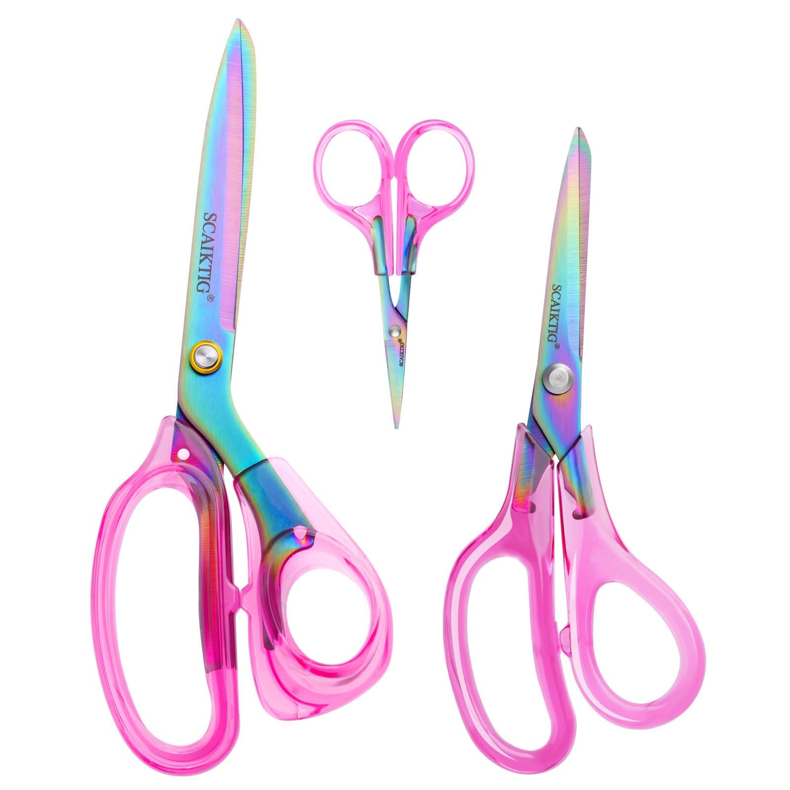 SCAIKTIG Acrylic Scissors Set, Office Scissors for Desk Heavy Duty, Pink Clear Comfort-Grip Handles and Titanium Coated Blades, Sharp Scissors all