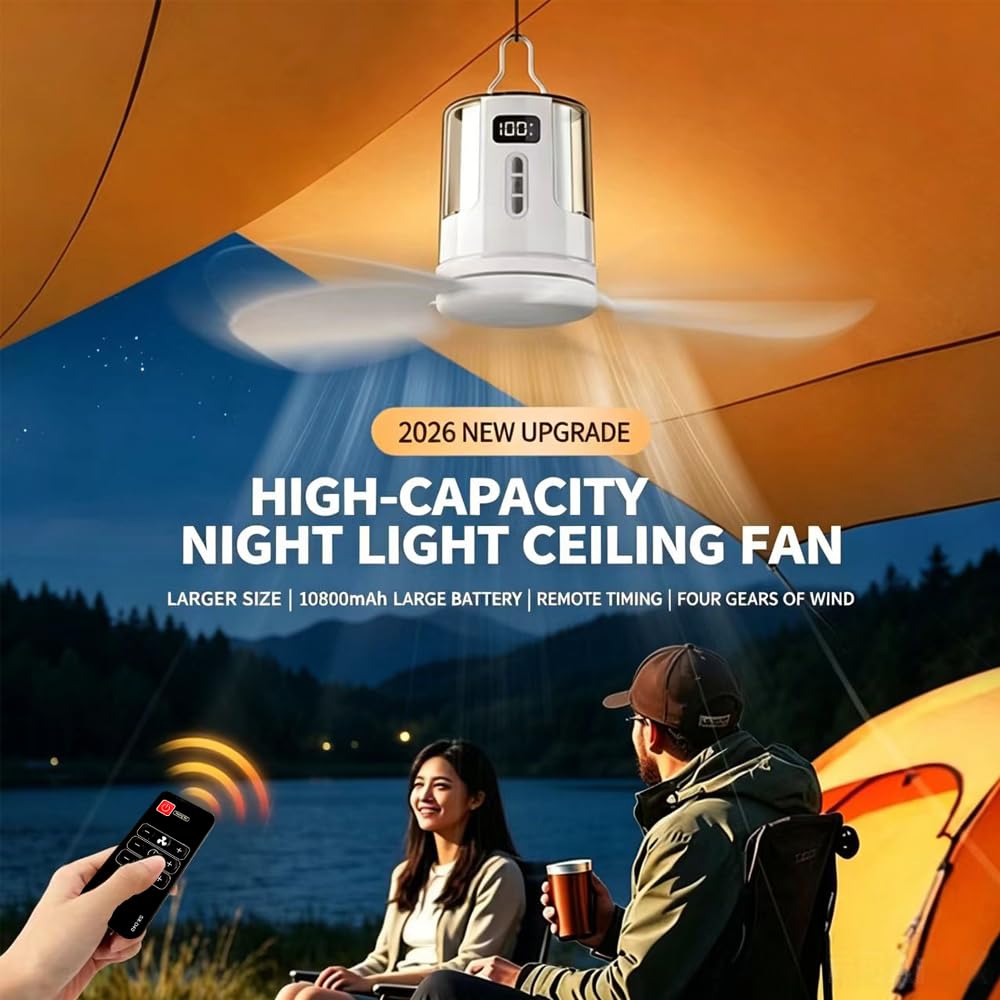Ventilatore da soffitto con illuminazione da campeggio, ricaricabile, ventilatore da soffitto con luce e telecomando, USB, timer, piccolo ventilatore da soffitto con batteria da campeggio per esterni