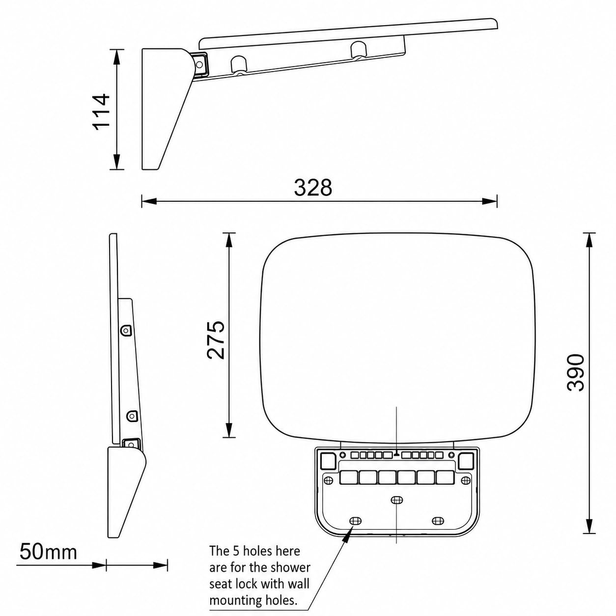 Asiento de ducha plegable para montaje en pared, color negro, 160 kg
