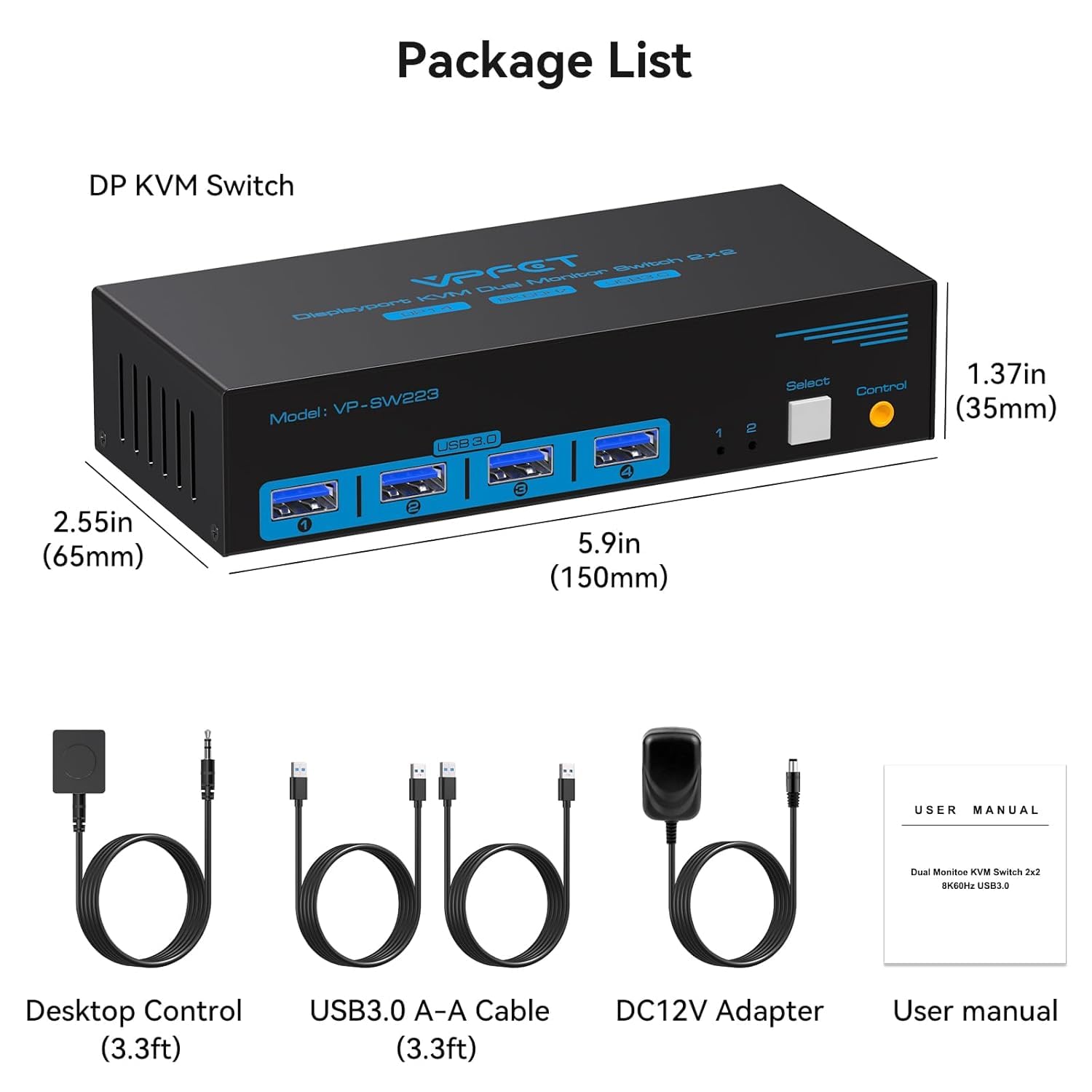 VPFET Switch KVM Displayport 8K@60Hz 2 monitor 2 computer USB 3.0 KVM Switch per 2 computer Condividi monitor doppi e 4 dispositivi USB Supporto 4K @120Hz DP 1.4 con kit esterno e adattatore 12V DC