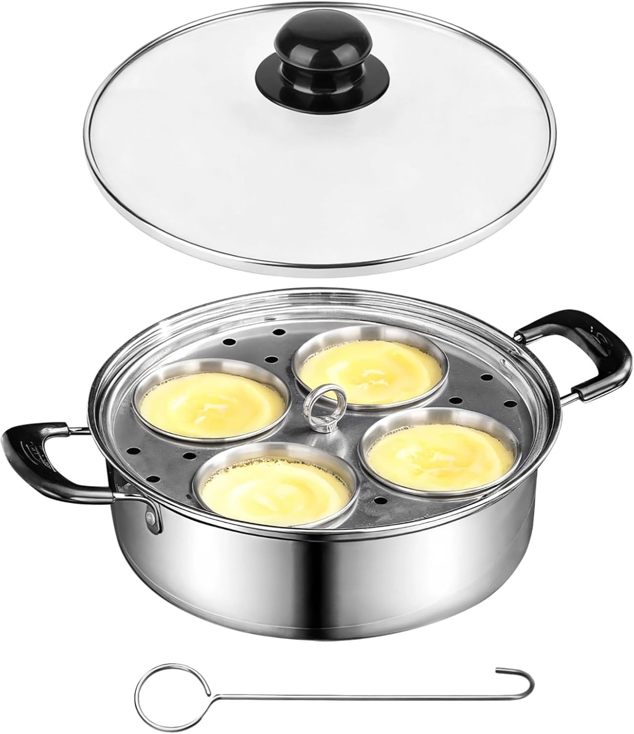 4 Egg Poacher Pan Stainless Steel 20 Cm/7.87 In, Tempered Glass Lid, Easy Release Egg Poaching Cups, Healthy And Long-Lasting, Compatible With All Stovetops