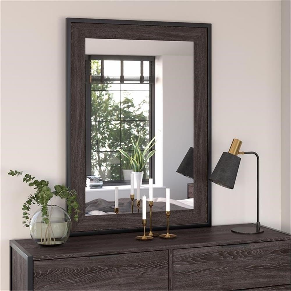 Pemberly Row 34W x 46H Bedroom Mirror, Charcoal Gray Finish, Black Metal Frame, Safety Film, Industrial Style Wall Mirror for Bedroom, Living Room, Hallway or Entryway