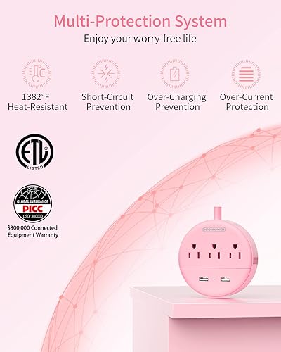 Miniatura 9 de NTONPOWER - Cable de extensión de 10 pies de largo con USB, estación de carga rosa NTONPOWER con 3 tomas de corriente y 2 USB, enchufe plano,