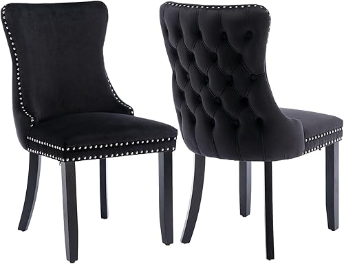 Juego de 2 sillas de comedor de terciopelo negro, sillas de comedor tapizadas con respaldo copetudo con patas de madera maciza, sillas de comedor