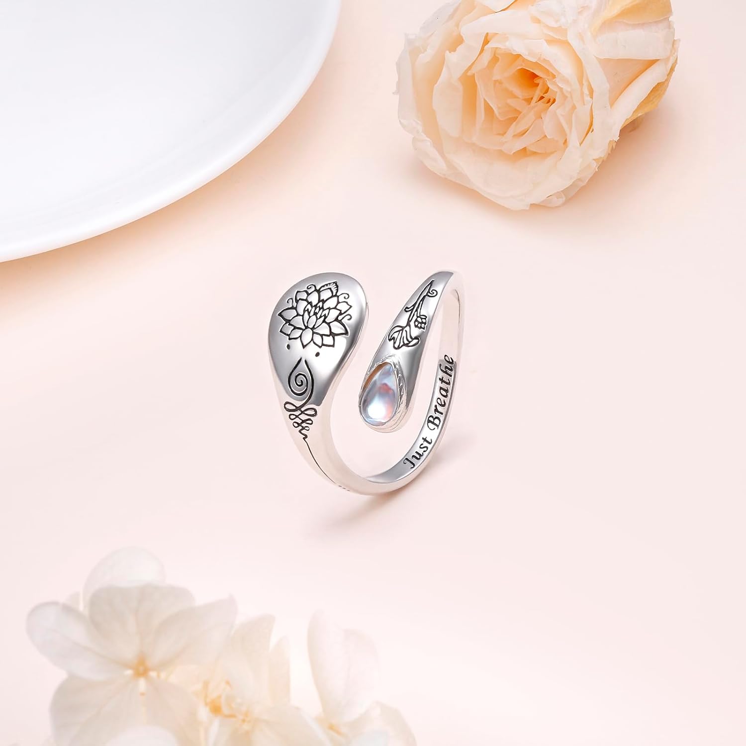 Yearace Just Breathe Lotus Ring for Women 925 Sterling Silver Adjustable Lotus Flower Open Ring Inspirational Yoga Jewelry Gift for Women Men - Image 3