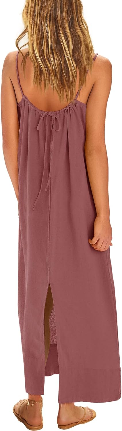 ReachMe Womens Linen Maxi Dress Loungewear Spaghetti Strap Long Dresses Square Neck Sleeveless Backless Dress with Slit - Image 4