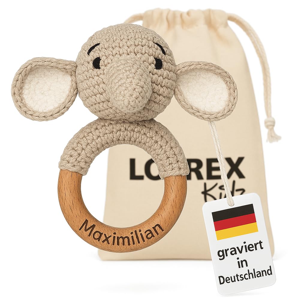 Personalisierter Beißring für Baby aus Holz mit Gravur - Baby Rassel für Junge und Mädchen - ab 0 Monate