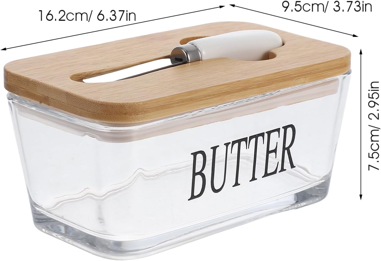 Cabilock Butter Dish with Bamboo Lid and Knife, Glass Covered Butter Holder with Knife, Glass Butter Keeper, Ideal for Countertop and Refrigerator Storage