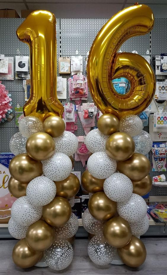 Image of Gold Number 16 Balloon 40 inch, 16 Number Balloons, 16th Gold Birthday Decorations, 16 Year Old Golden Party Supplies