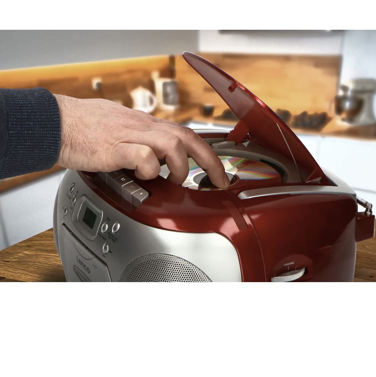 Lenco SCD-420RD Tragbares UKW-Radio mit Toplader CD-Spieler und Kassettendeck, LCD Display, Wiederholungsfunktion, Auto-Stopp, Kopfhöreranschluss