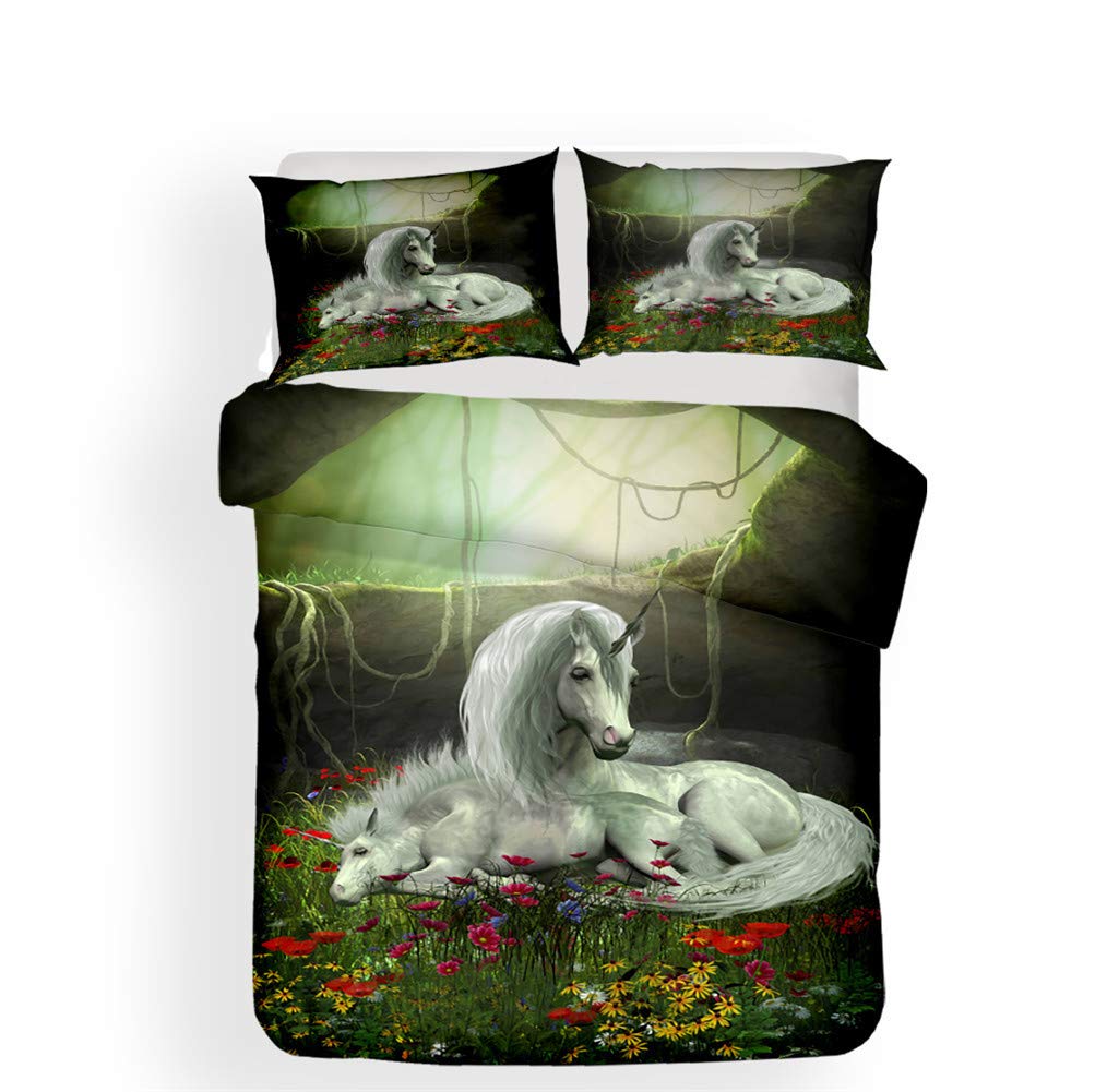 Parure de lit 3d licorne 180x220cm avec housse de couette et drap