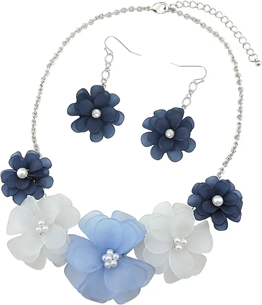 Bocar Flower Necklace for Women Trendy, Flower Summer Beach Statement Collar Necklace and Earrings Set for Women Girls, Women Party Choker Necklace Jewelry Gift