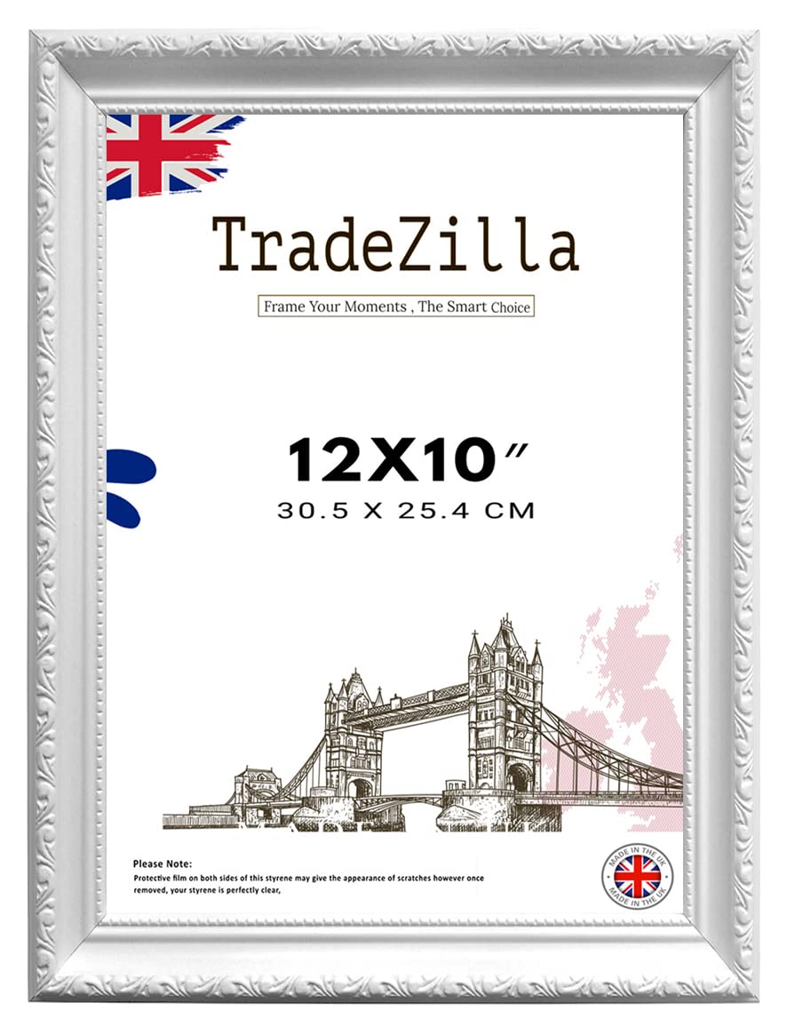 TradeZilla Large White Ornate Shabby Chic 12X10 (30.48X25.40 CM) Picture/Photo/Poster Vintage Antique frame for Art Prints, Vertically or Horizontally, Wall Mounting Hardware Included (White)