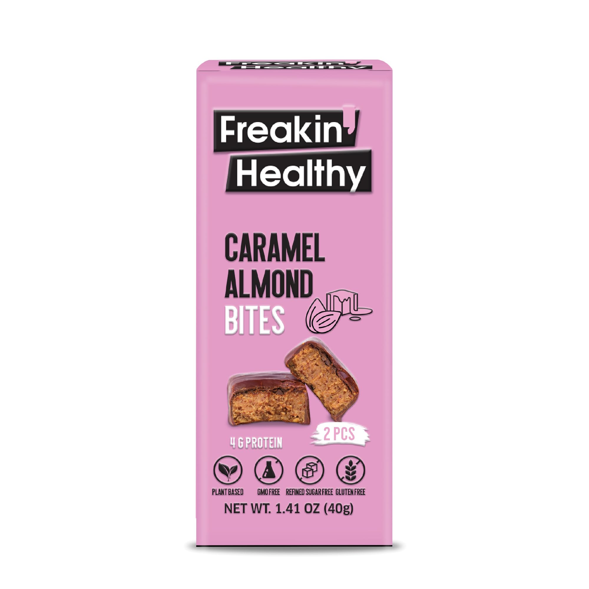 Freakin Healthy Caramel Almond Bites 40g – 2 Individually Wrapped Bites, Plant-Based Nut Butter Snack with Raw Chocolate, On-the-Go