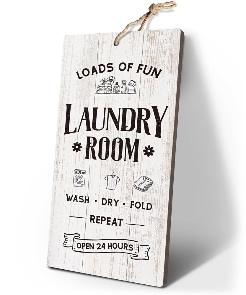 Laundry Room Decor Sign 12"x6" Wash Fold Dry Repeat Wall Plaque,Laundry Wall Decor,Funny Farmhouse Decorative Wooden Sign for Laundry Bathroom