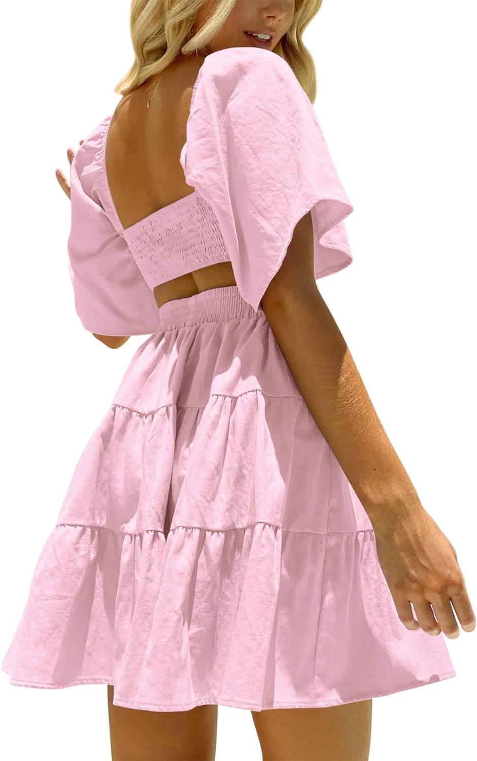 OWNGIGI Women's Summer Dresses Square Neck Short Sleeve Cutout Crossover Elastic Waist Casual Party A-Line Mini Dress