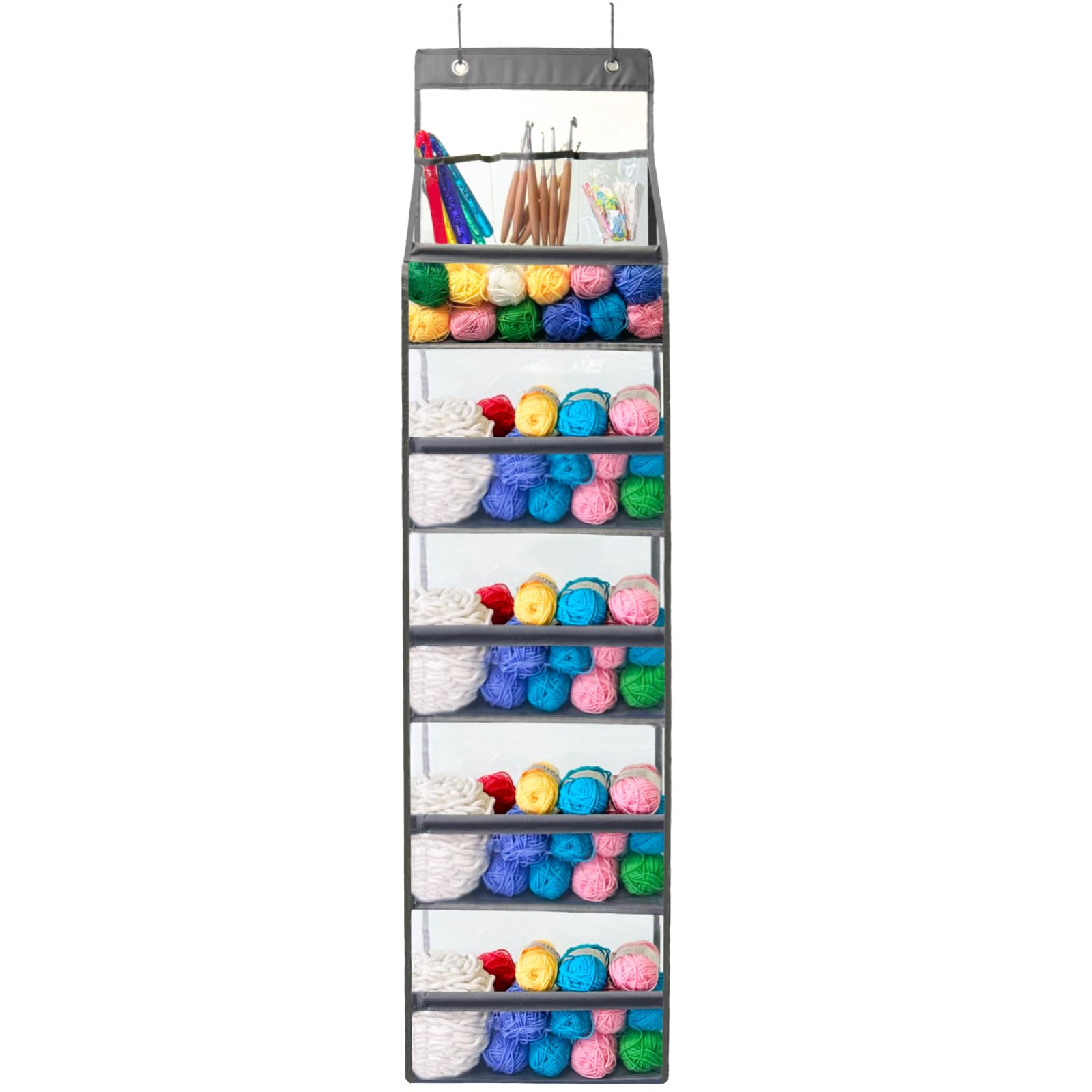 Hanging Yarn Storage Organizer,Large Capacity Yarn Storage Bag with 5 Yarn Balls Storage Pockets & 3 Top Crochet/Knitting Needles Pockets,Transparent Door Hanging Knitting Organizer Storage