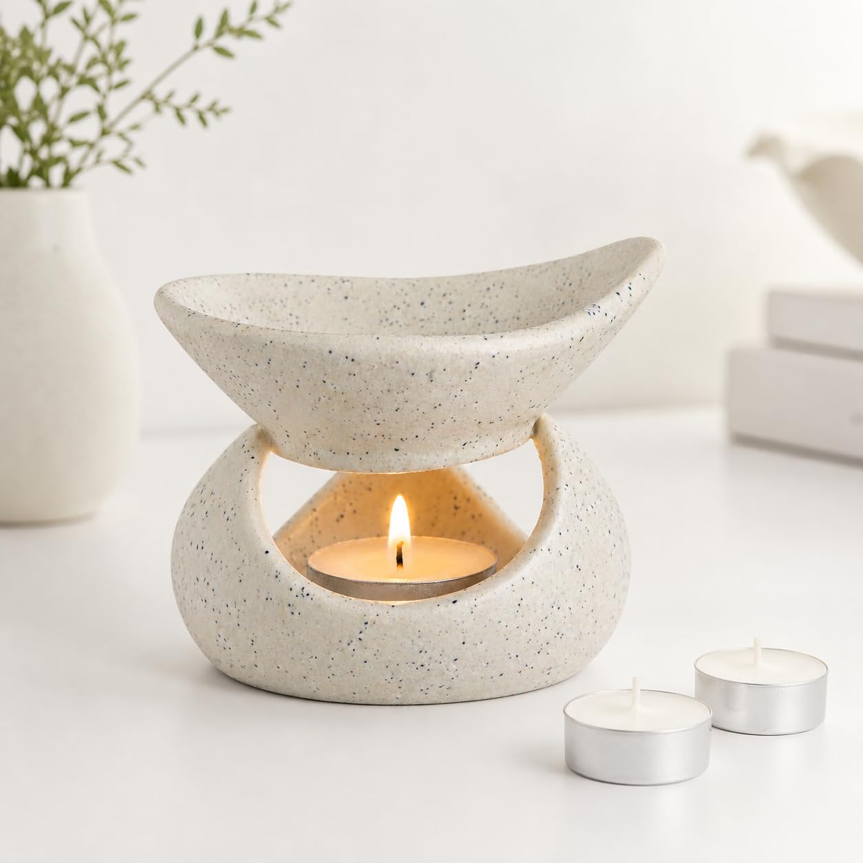 Brahmz Candle Ceramic Aroma Oil Burner Aromatherapy Diffuser Tripod Diya Diffuser Tealight Aroma Oil Warmer (White Dotts)-picture-25
