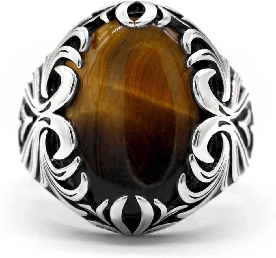 Solid 925 Sterling Silver Men's Ring Turkish Classic Vintage Set Brown Tiger Eye Men's Simple Jewelry