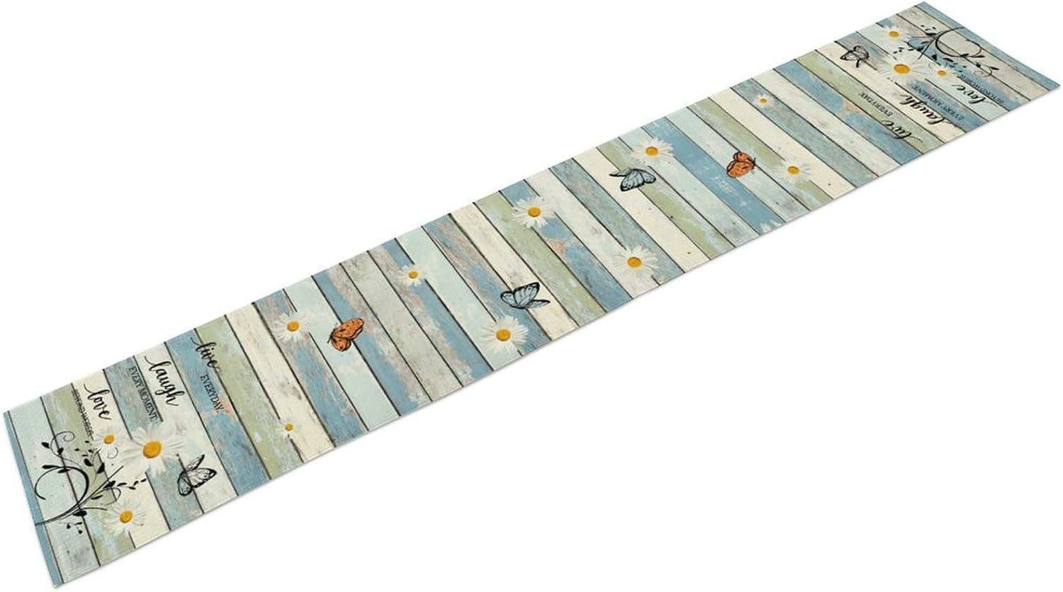 Daisy Floral Table Runner, Rustic Seasonal Spring Blue Wooden Sunflowers Boho Butterfly Coffee Table Center Decor for Family Kitchen and Living Outdoor Farmhouse Country Table Decorations, 13"x108"