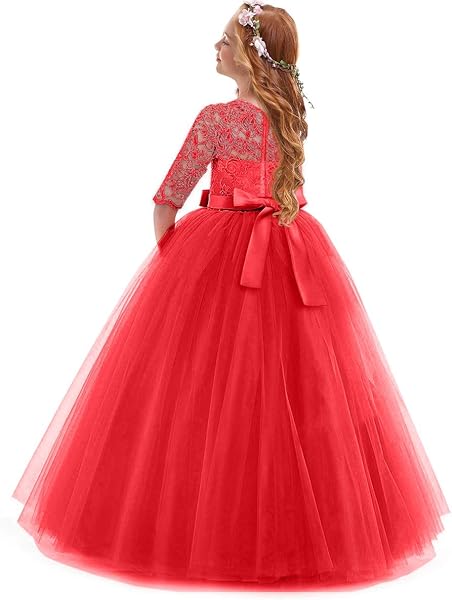 IWEMEK Enfants Fille Robe de Carnaval Princesse Longue en Dentelle avec Bowknot Demoiselle d'honneur Robe de Soirée Mariage Robe de Première Communion Anniversaire Fête Photographie 2-14 Ans - 2