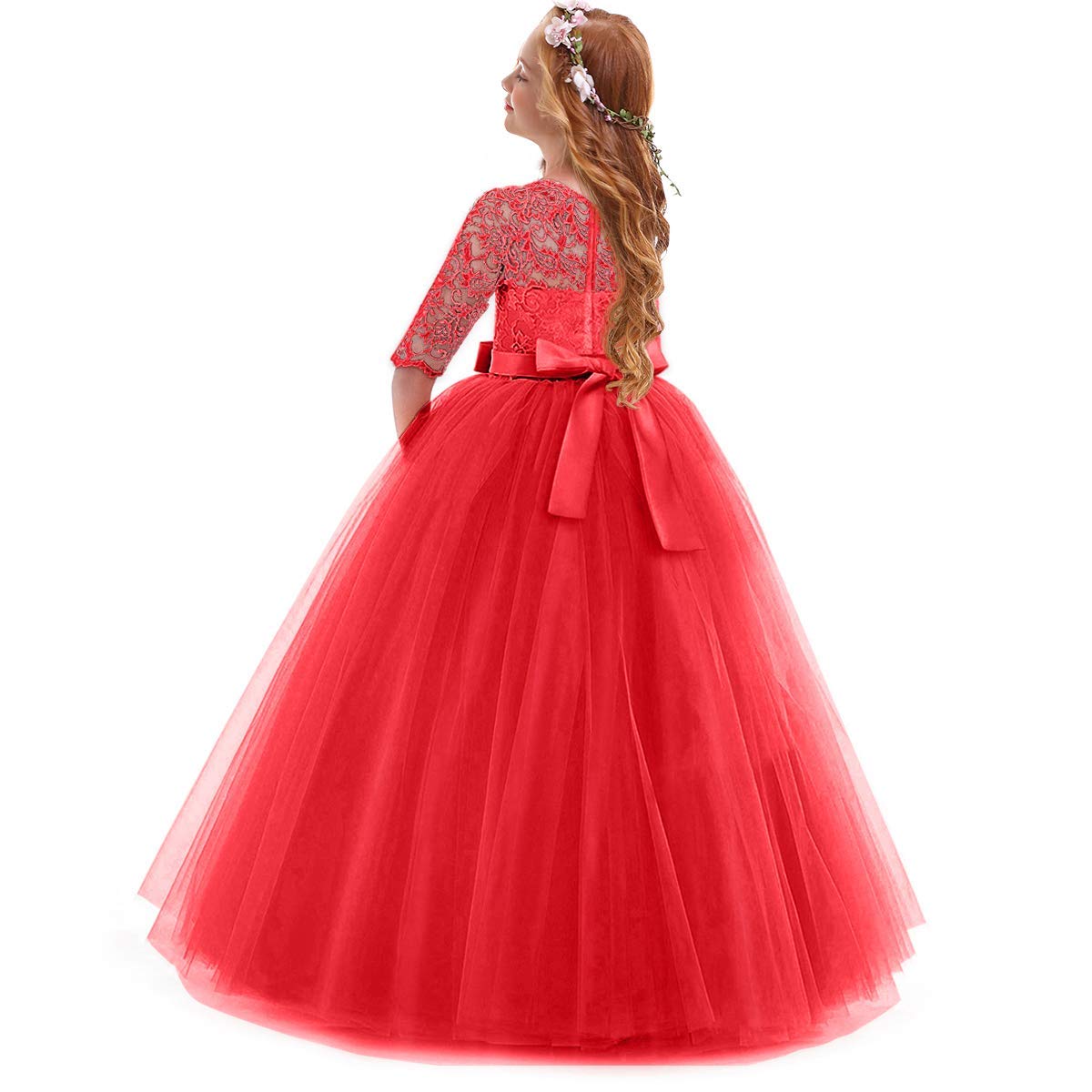 IWEMEK Elegant Brautjungfer Kleider für Mädchen Blumenmädchen Hochzeitskleid 3/4 Arm Spitzenkleid Tüllkleid Prinzessin Festzug Erste Kommunionskleider Weihnachten Karneval Abendkleid Partykleid