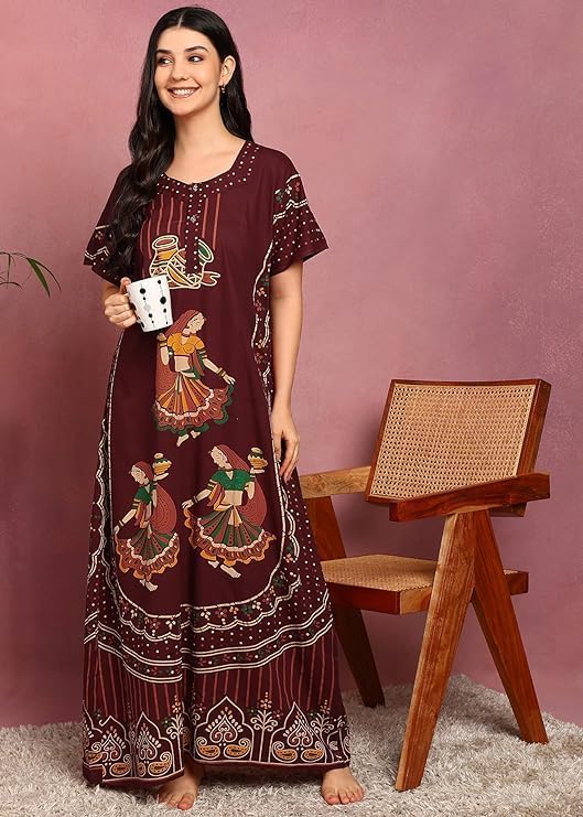 Image of PITINAN Pure Cotton Embroidered Nighty for Women | Maxi Night Gown | Jaipuri Cotton Nightdress with Pocket & Adjustable Knot | Comfortable Sleepwear