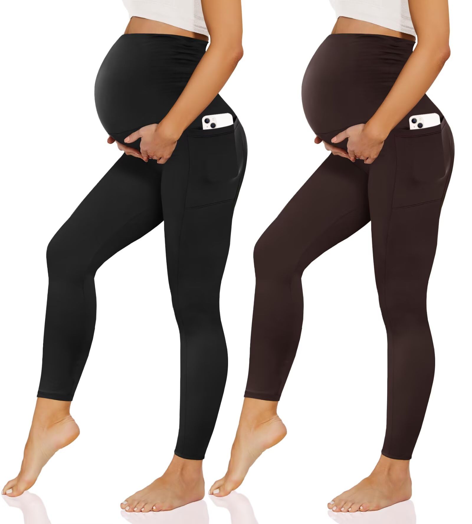 Happy.angel 2/3/4 Pack Maternity Leggings with Pockets Over the Belly, Womens Black Workout Yoga Pregnancy Pants