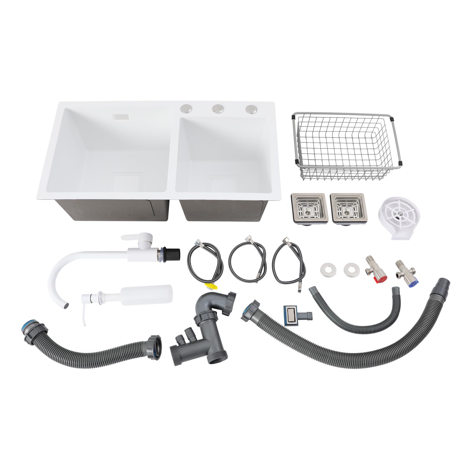 2 lavelli da cucina, 71 x 38 x 21 cm, colore bianco, in acciaio inox, con rubinetto per acqua calda e fredda, rettangolare, con sgocciolatoio, set di lavello da incasso, per appartamenti, ristoranti