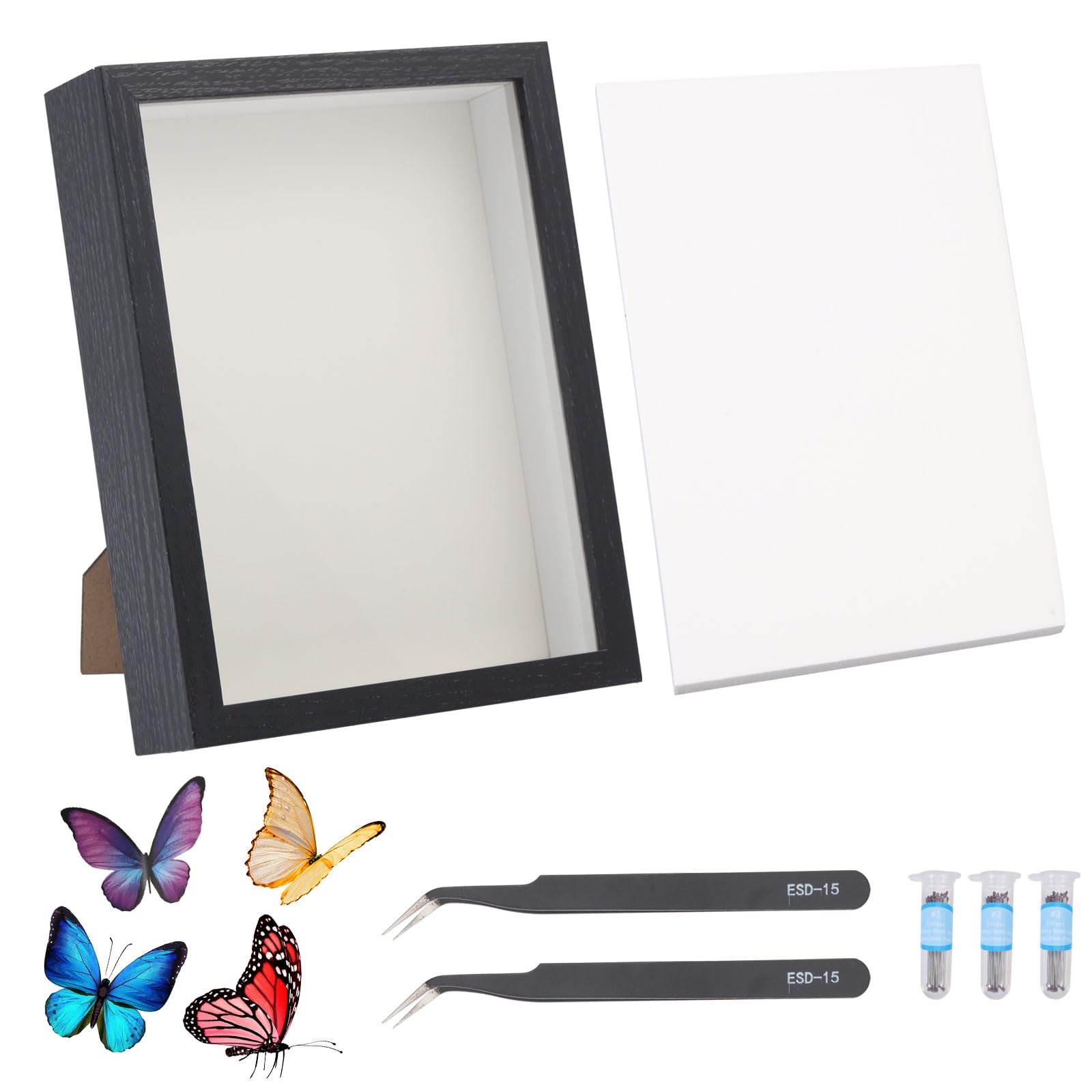 GLOBLELAND 1Pc Insect Display Case Wall Mount Insect Collection Box Set for Butterfly Specimen with 1 Sheet EVA Foam Board 2pcs Stainless Steel Curved Pointed Tweezers and 150Pcs Insect Pins