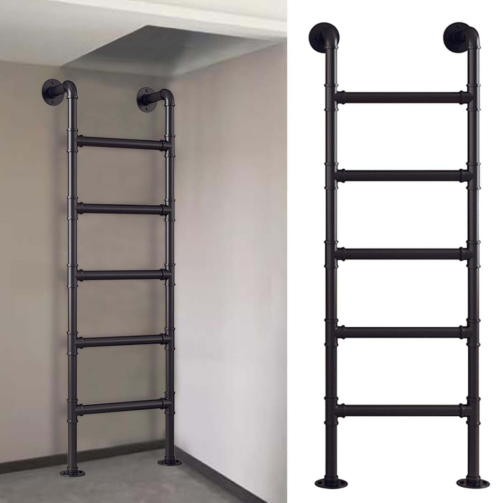Industrial Universal Ladder, Round Iron Pipe Ladder for Bunk Beds, Decks, RVs, Wall-Mounted Attic Stairs, 330lbs Load Capacity, Easy Installation